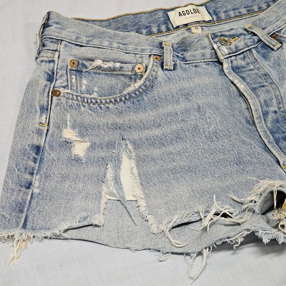 AGOLDE Parker Stone Washed Distressed Cut Off Jean Shorts Women Size 28 Swapmeet - Picture 2 of 16